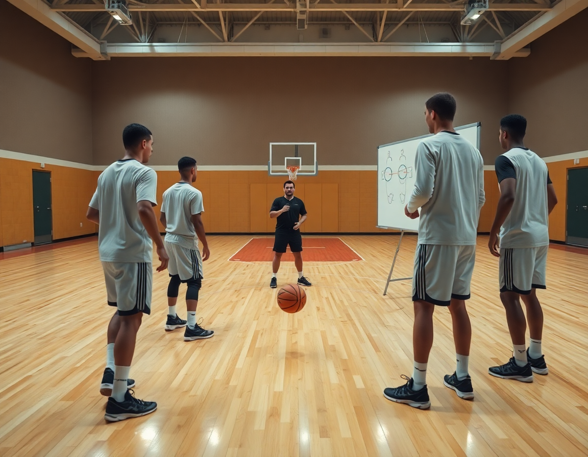 Close-up shows hands and a whiteboard illustrating defense drills on a basketball court.