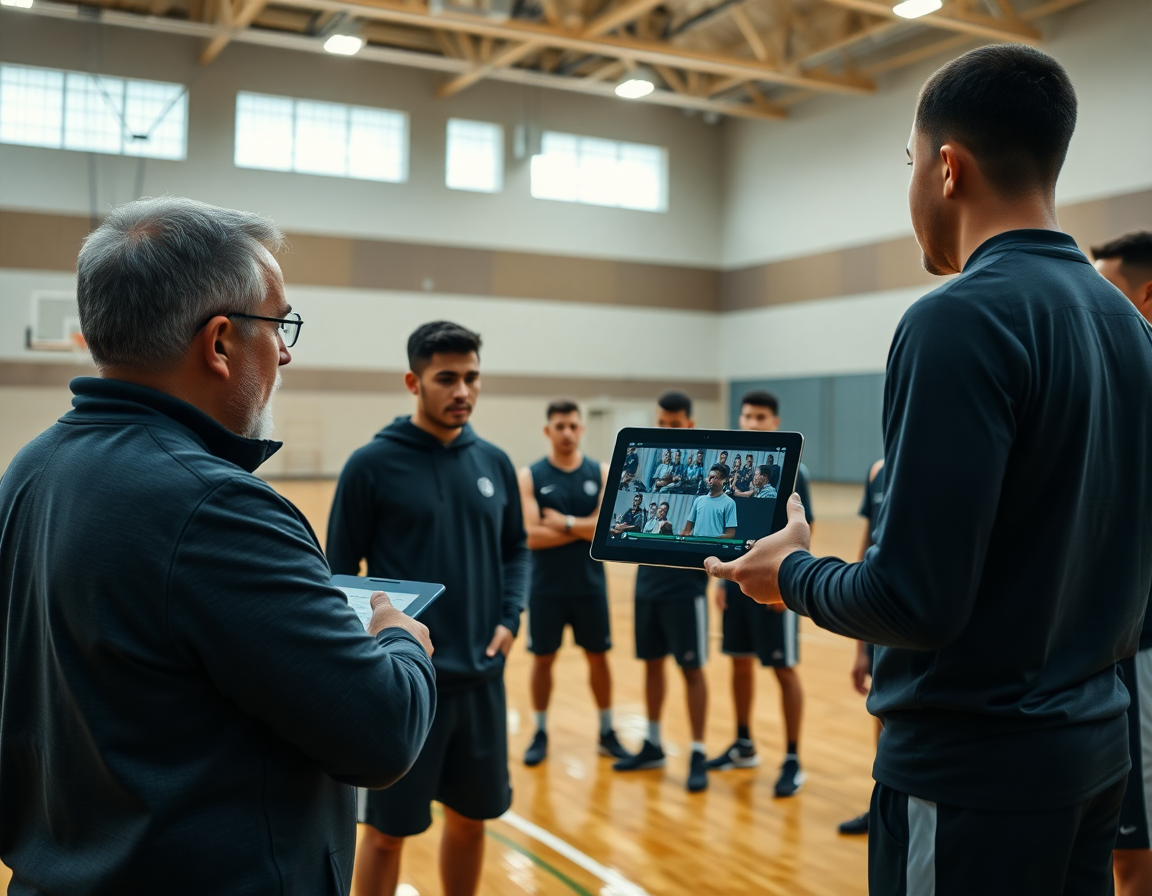 Video teaching session shows defense drills and progress on a basketball court with players watching intently.