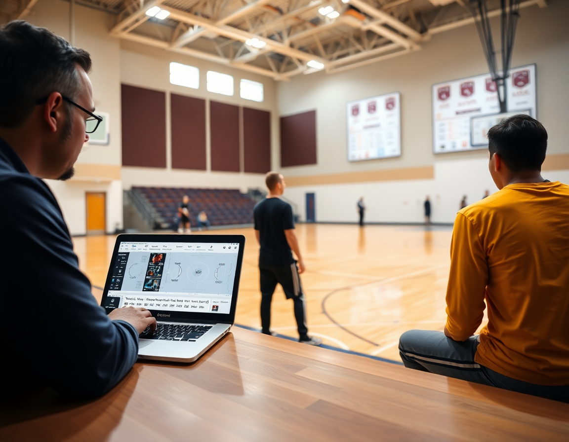 Coaches review defense drills and scouting notes as they assemble playlists on a laptop for players and assistants.