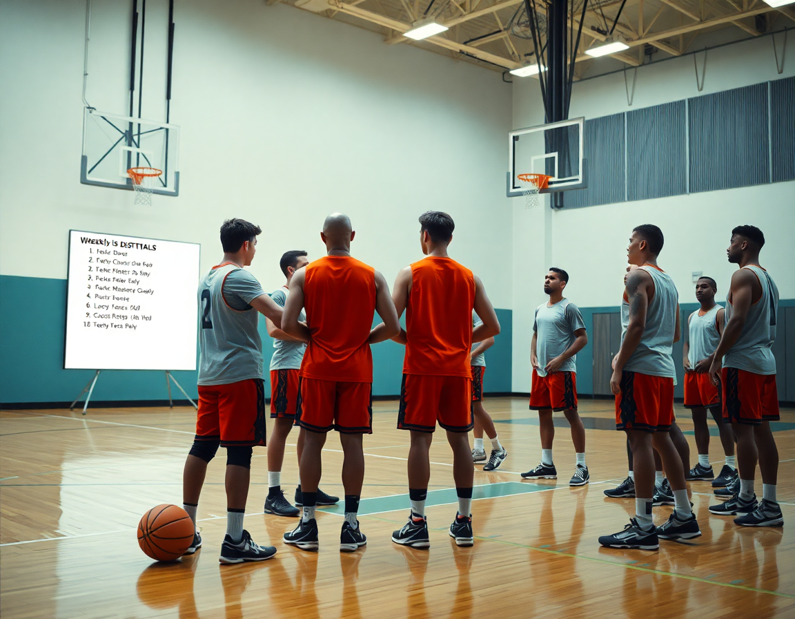 Defensive goals defined in a basketball gym as players listen while a basketball rests nearby.