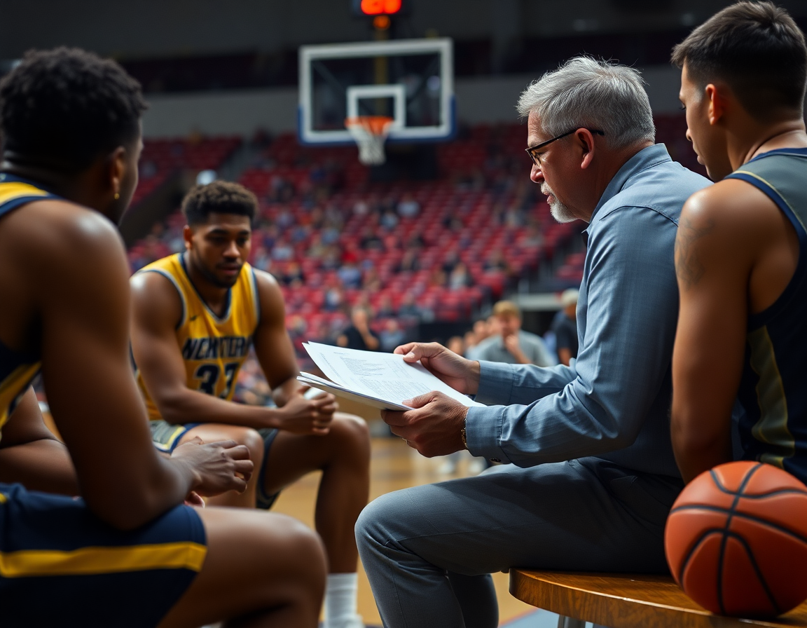 Scouting notes on screen guide defensive planning as players watch on the hardwood basketball court.