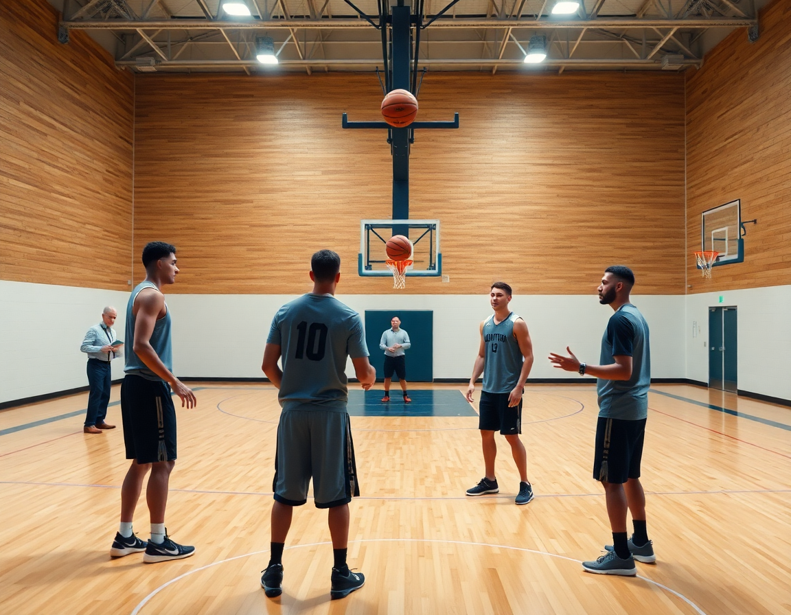 Close-up on hands passing in a diamond passing drill basketball on a hardwood court.