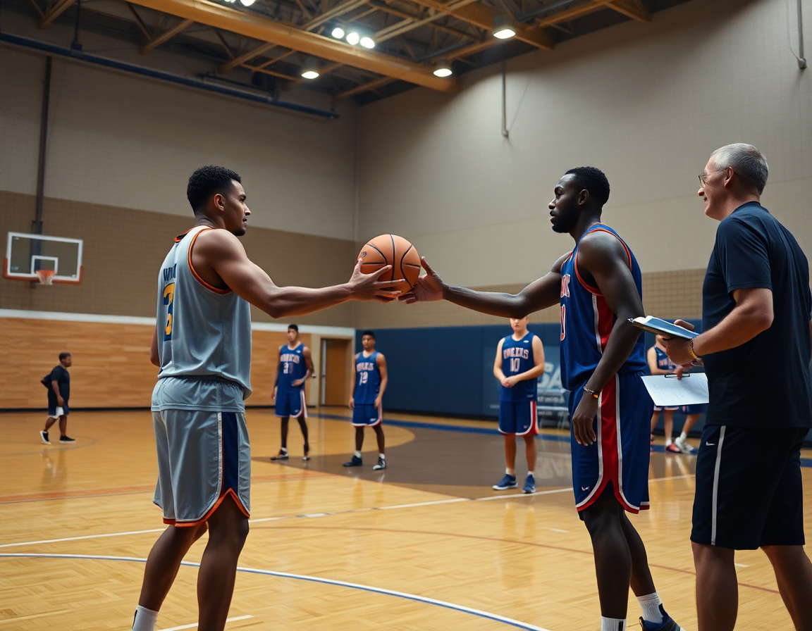 Close-up on players executing a diamond passing drill basketball near baseline.