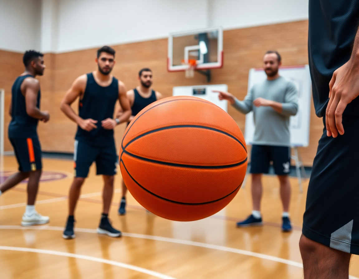 Close-up on hands and an orange basketball during a basketball drill on the hardwood court.