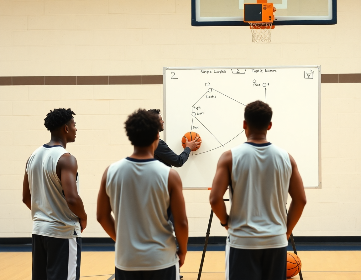 Coach demonstrates a simple basketball play on a whiteboard beside the full court.
