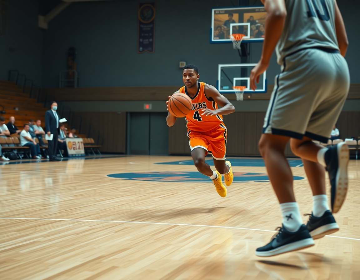 A basketball player drives to the lane, kicks out to a shooter during a drive and kick drill.