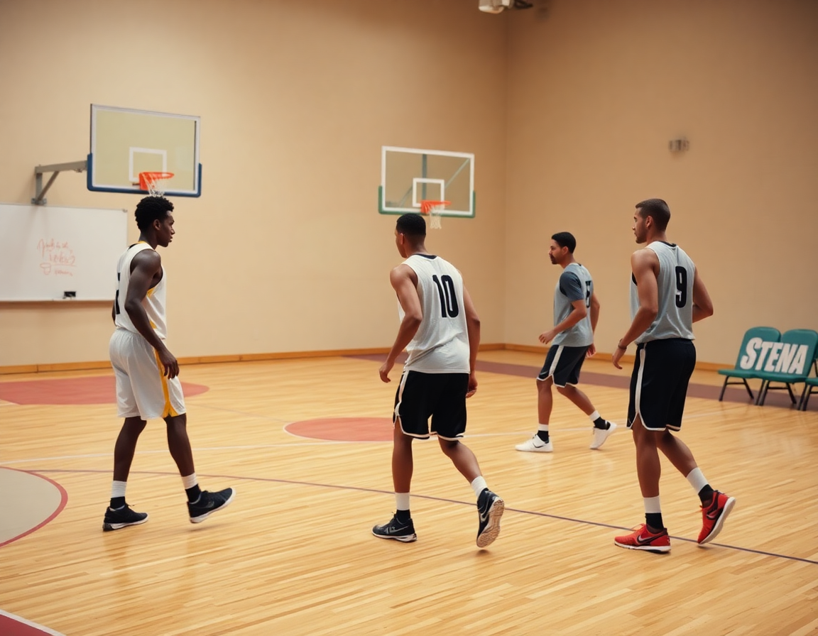 duke motion offense drill shown in a wide basketball court scene with players.