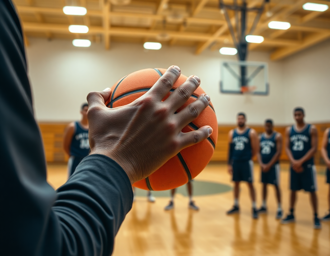 Close-up on hands gripping an orange basketball as a coach outlines a simple play in the basketball gym.