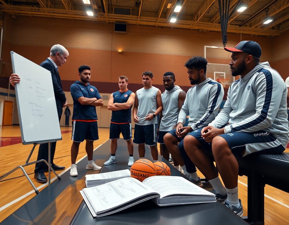 Coach with tablet and players around a whiteboard on a hardwood basketball court, free basketball play designer.