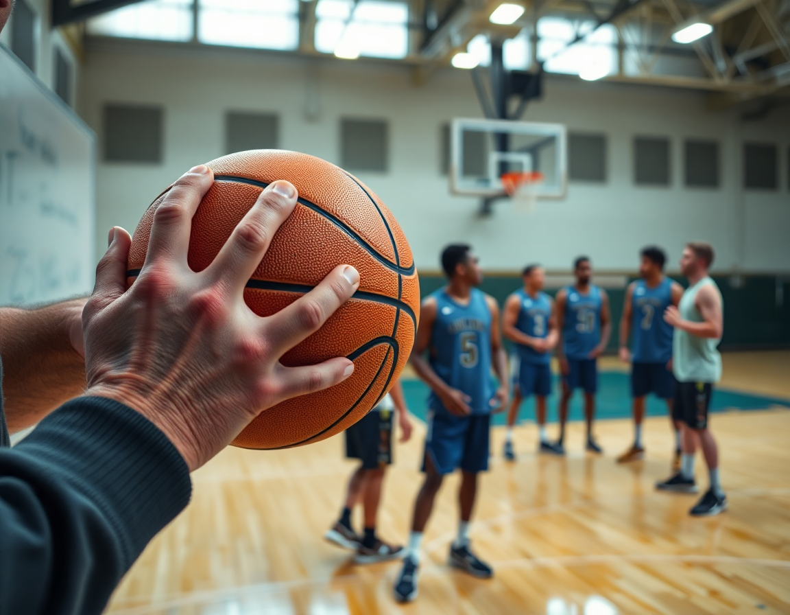 Close-up on hands guiding a basketball near a whiteboard, with players and the free basketball play designer visible.