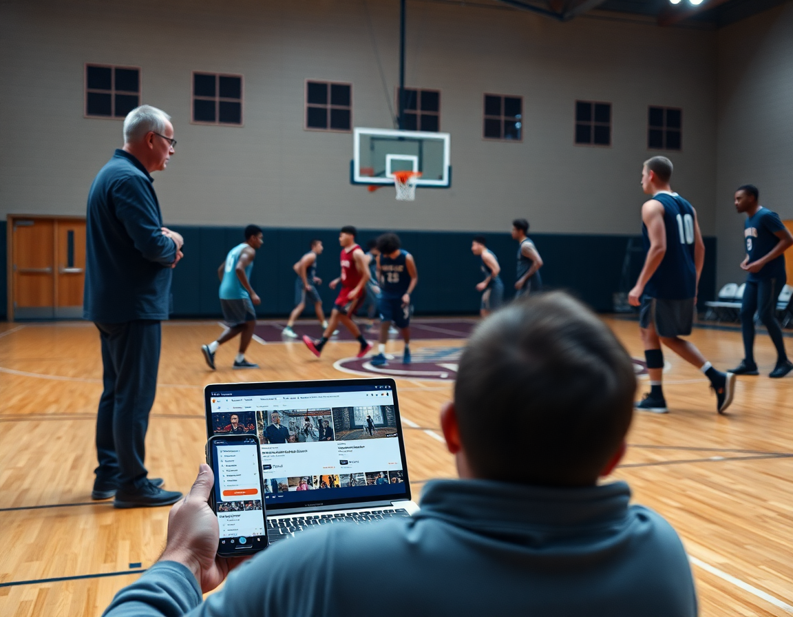 Coach distributes free basketball play designer playlists on a laptop as players watch basketball clips.