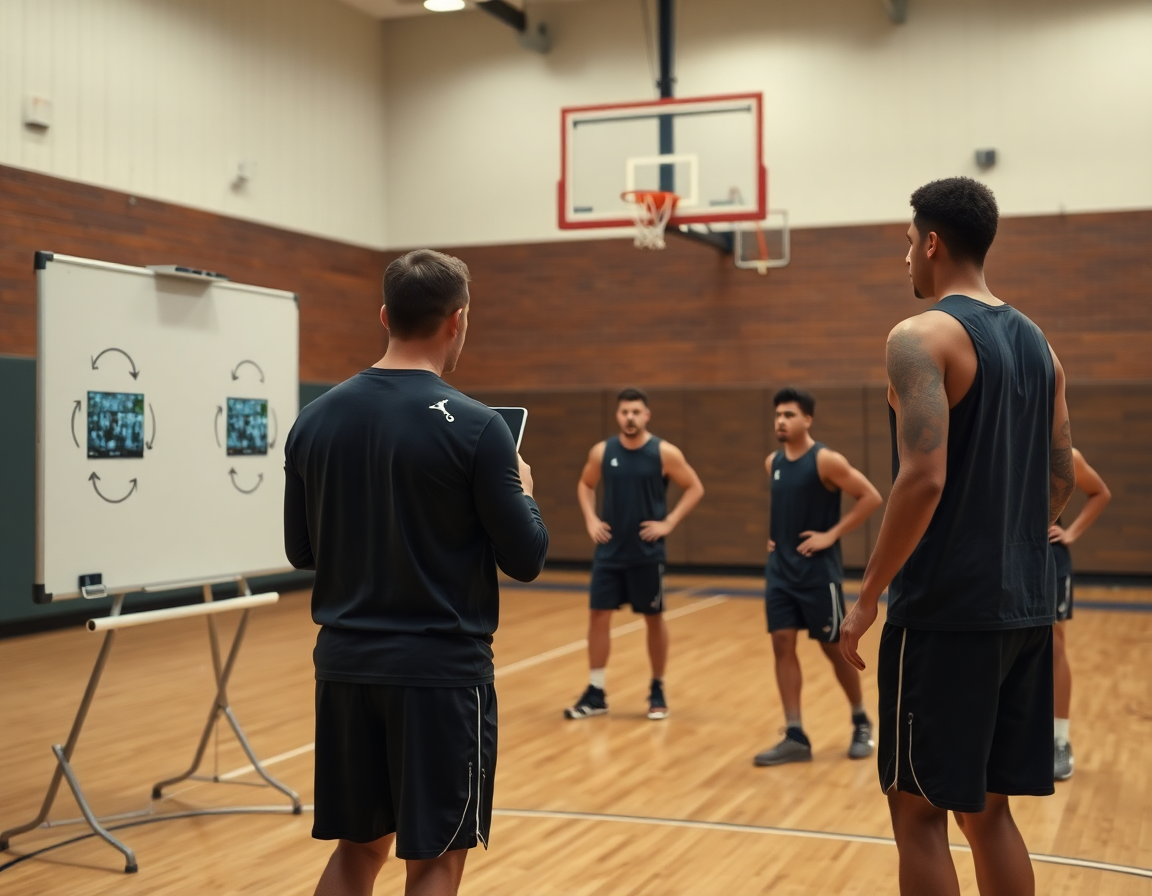 Coach uses video clips to teach free basketball plays on a whiteboard.
