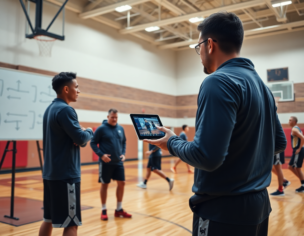 Coach demonstrates free basketball plays with a whiteboard and tablet during a focused drill.