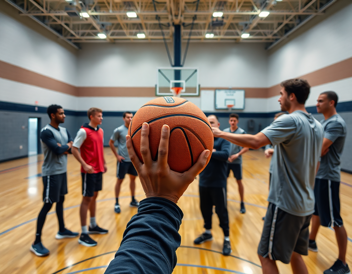 Close-up hands passing an orange basketball during a free basketball practice plan template drill.