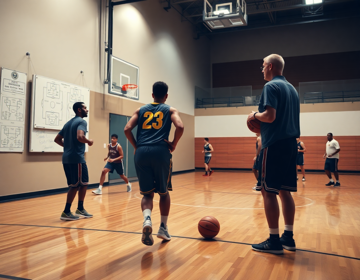 Medium shot of players executing a basketball play with the free basketball practice planner nearby.