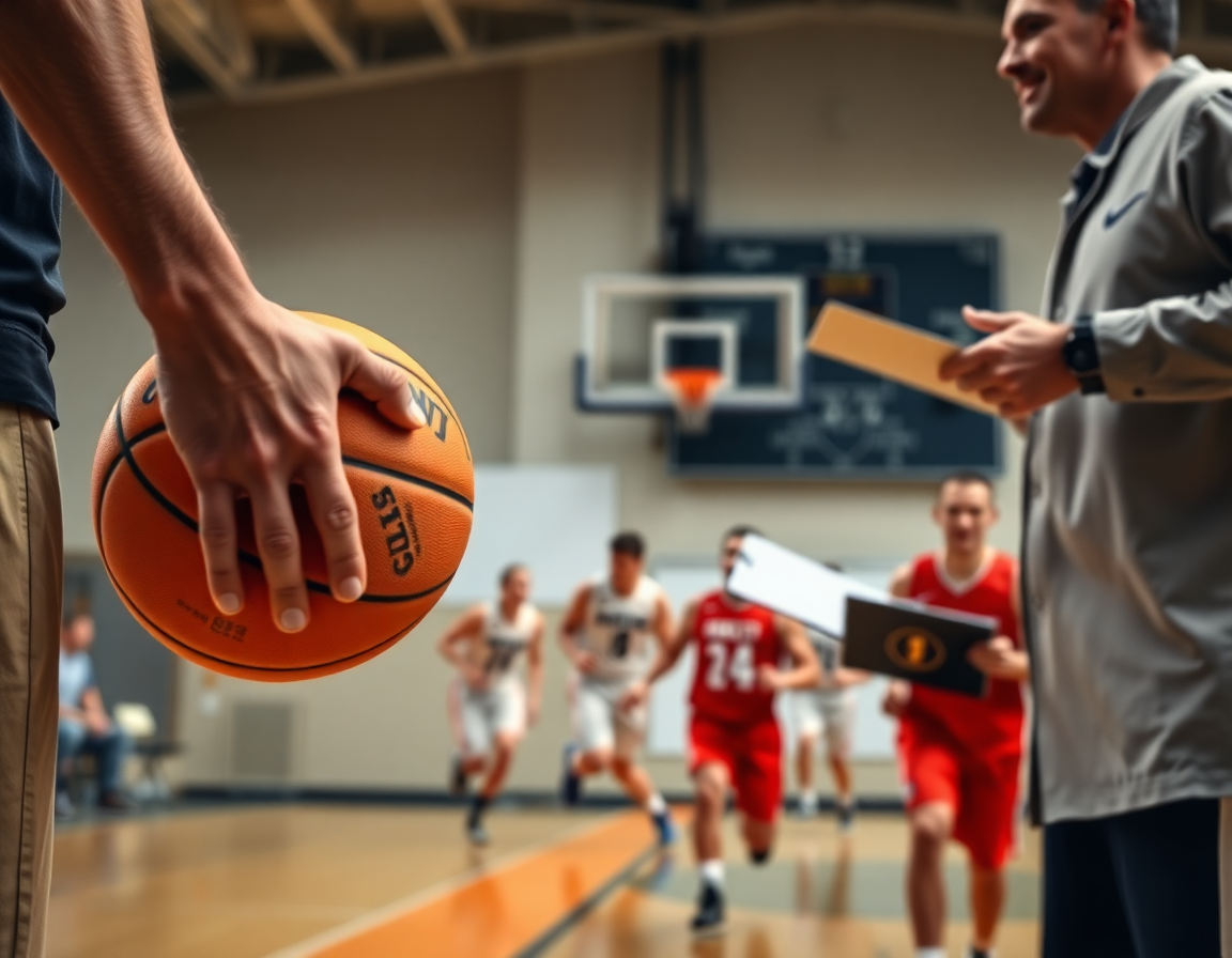 Close-up on hands passing a basketball as the coach gestures to a tactic, free basketball practice planner referenced.