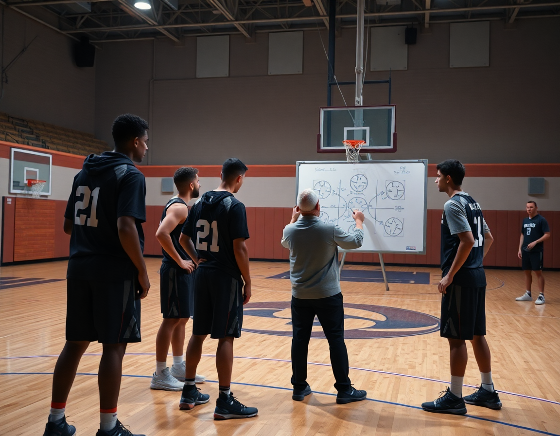Coach sketches plays on a whiteboard as players study the hardwood basketball court under lights.