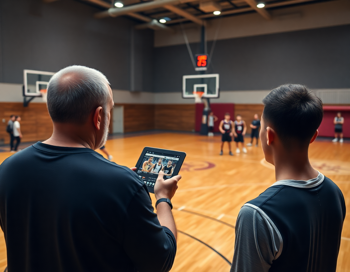 Coach reviews game clips on a tablet while players watch the hardwood basketball court during practice.