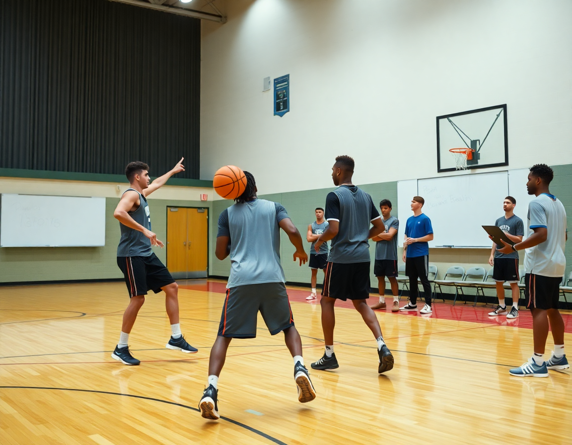 Two players practice high post motion offense reads on a bright basketball court.