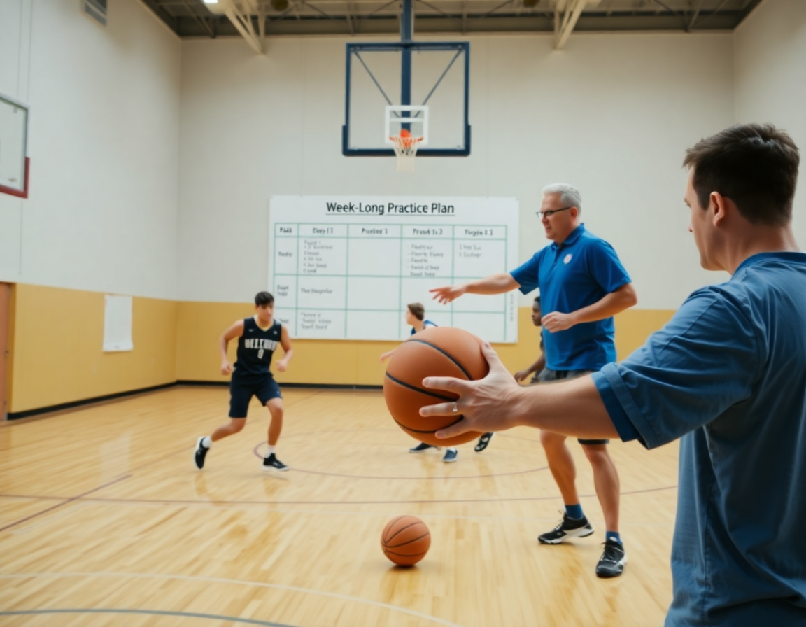 Coach reviews Week-Long basketball drills as players warm up under bright gym lights.