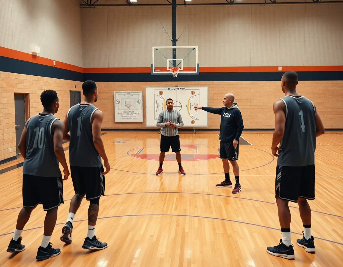 Shell drill in a basketball gym shows players rotating on defense during practice, with intensity.