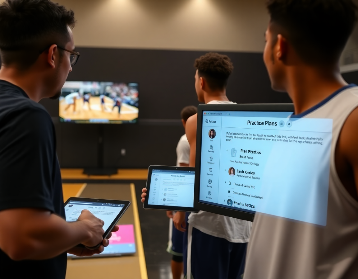Workflow from plan to practice shows high school basketball practice drills and video clips guiding players.