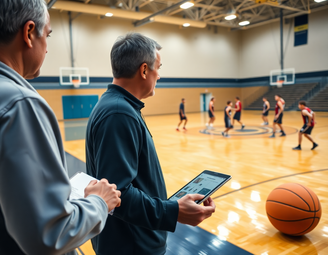 Coach guides warmups as a high school basketball practice plans pdf workflow unfolds on a tablet.