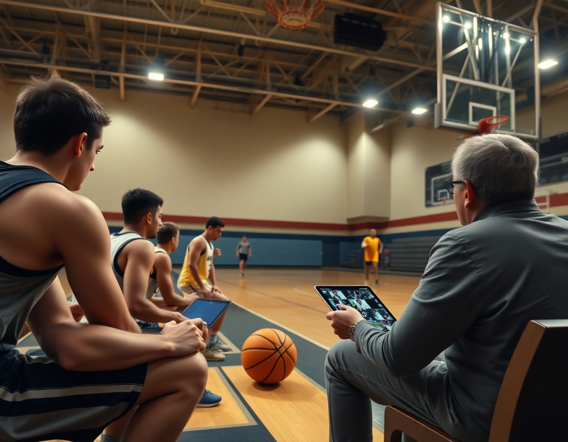 Long shot of high school basketball scouting reports in action as players watch basketball clips on a tablet.