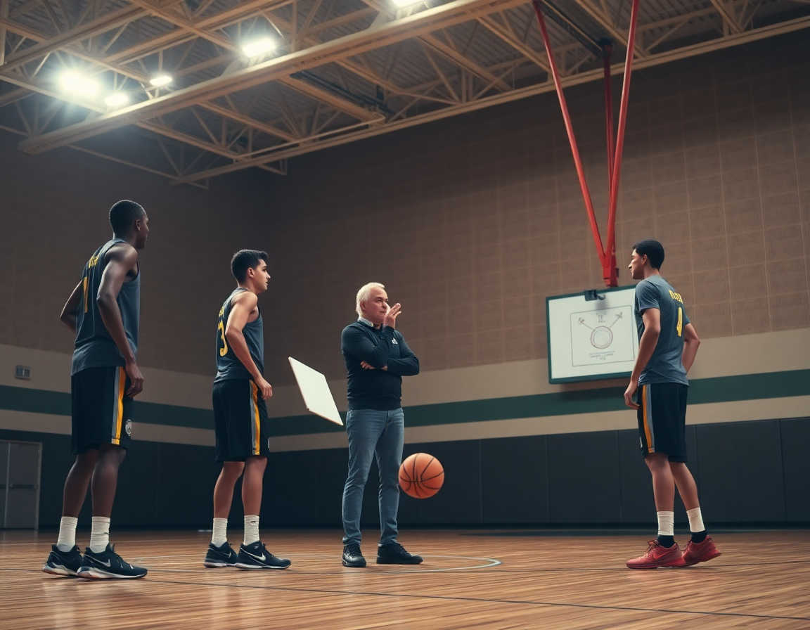 Coach base guides a basketball drill at the whiteboard on the hardwood basketball court.