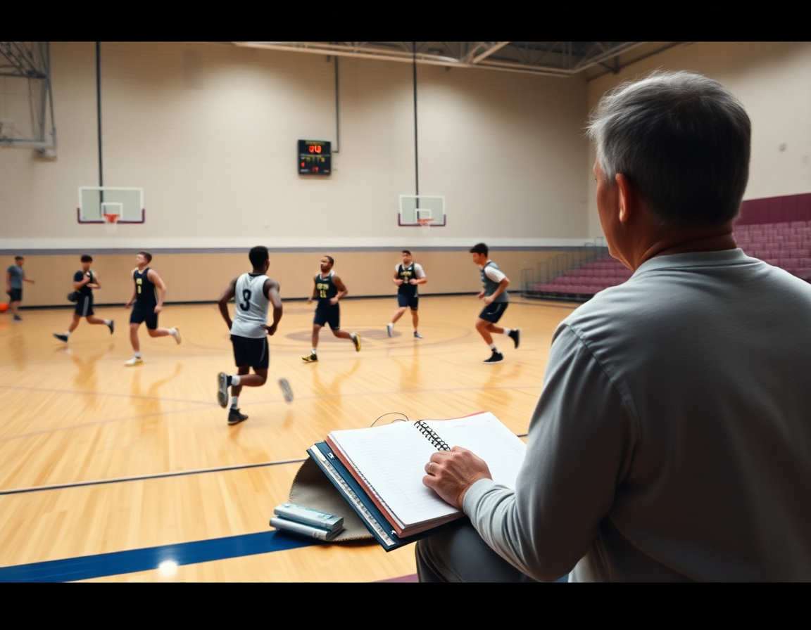 Full court action shows players sprinting as the coach tracks basketball possessions for basketball prep.