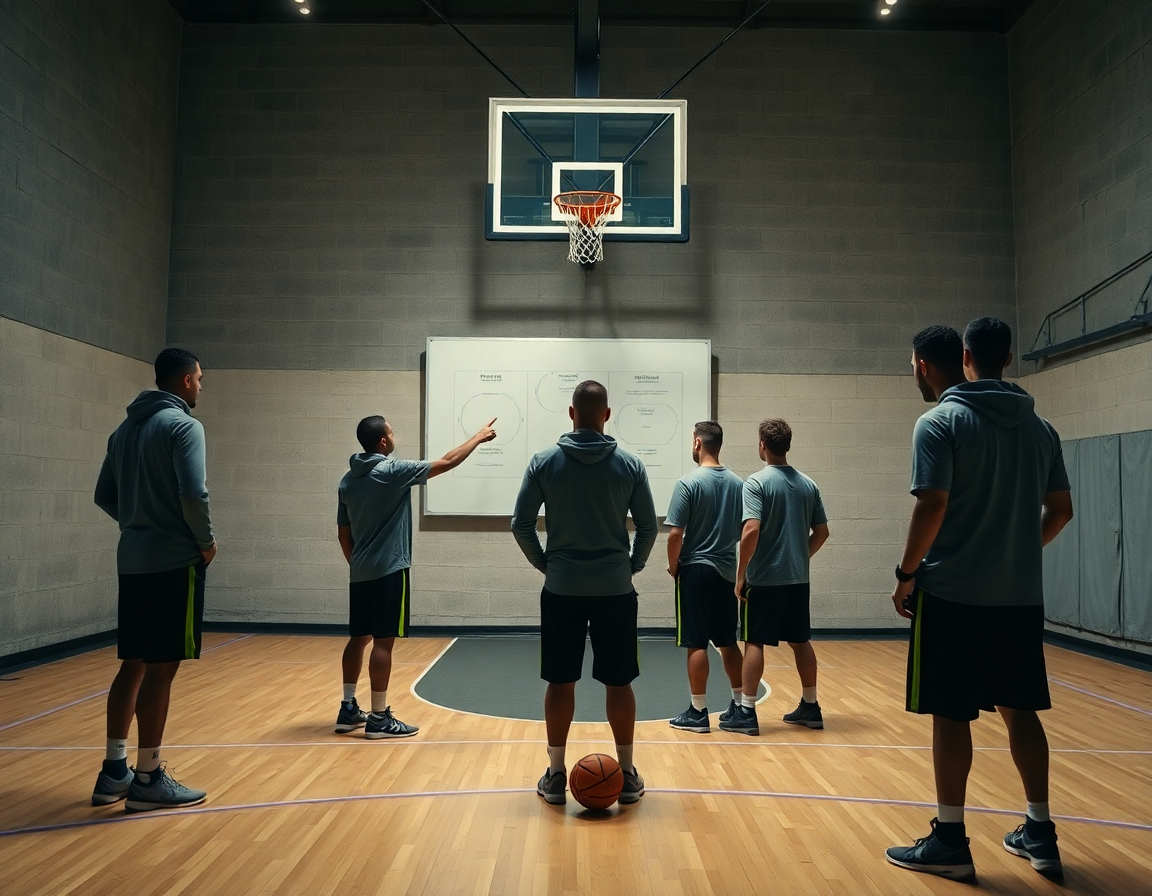 Coach explains how to create a basketball practice plan on a tactics whiteboard as players listen