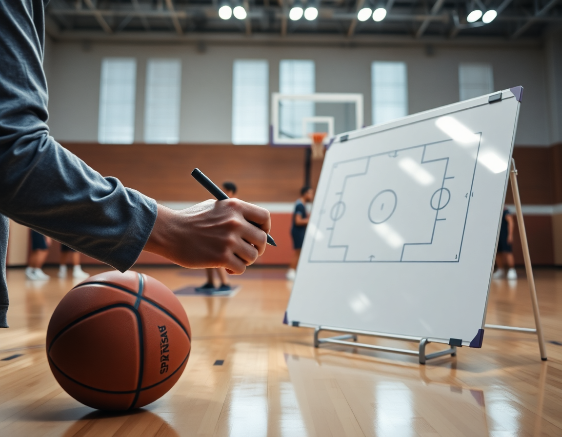 Close-up of a coach's hands tracing how to draw basketball plays on a whiteboard.