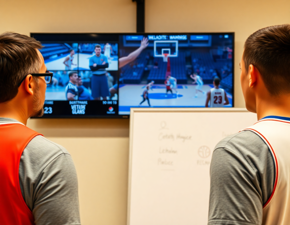 Coach reviews basketball game footage on a wall monitor while players study a basketball play.