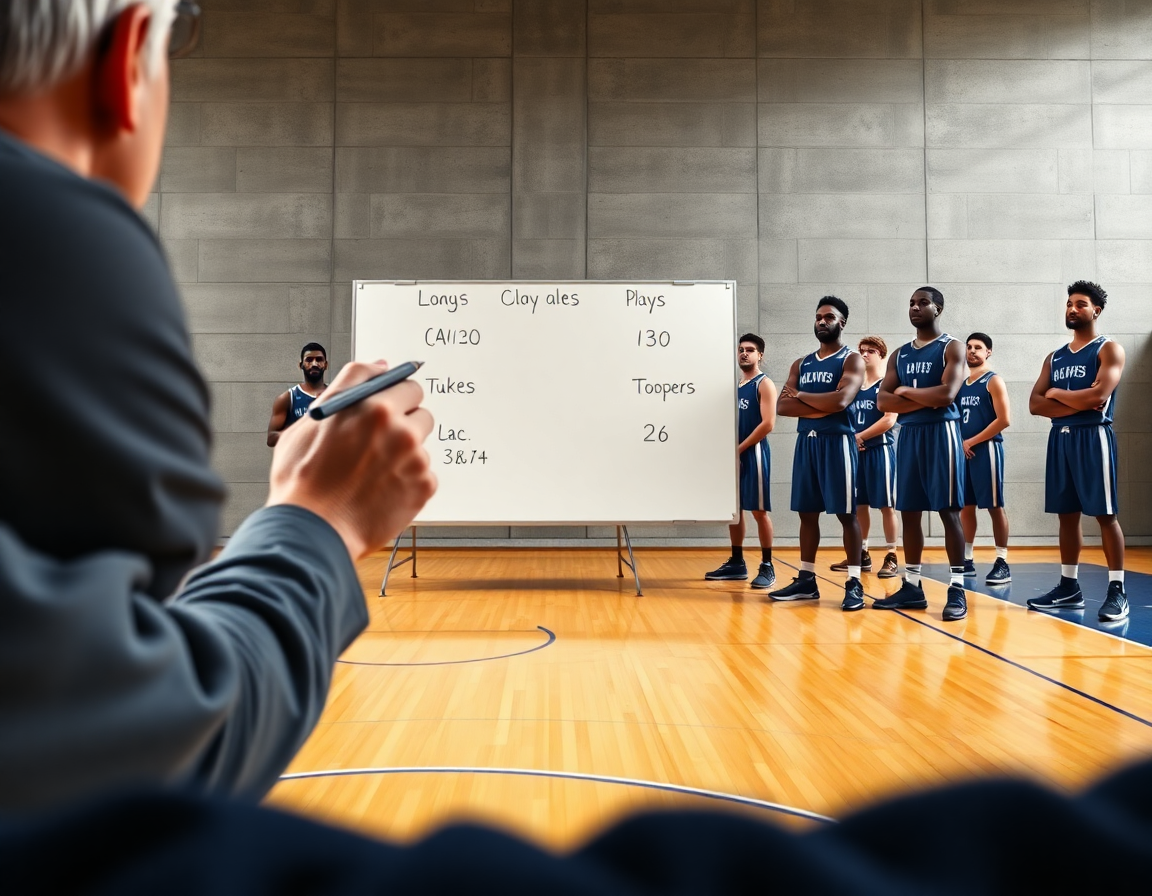 Close-up of animated basketball players watching a coach draw plays on a whiteboard.