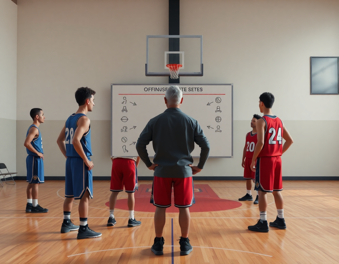 Wide scene of animated basketball players reviewing offensive sets on a whiteboard.