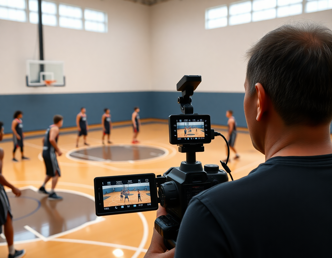 Camera captures animated basketball players during drill with feedback clips on screen.