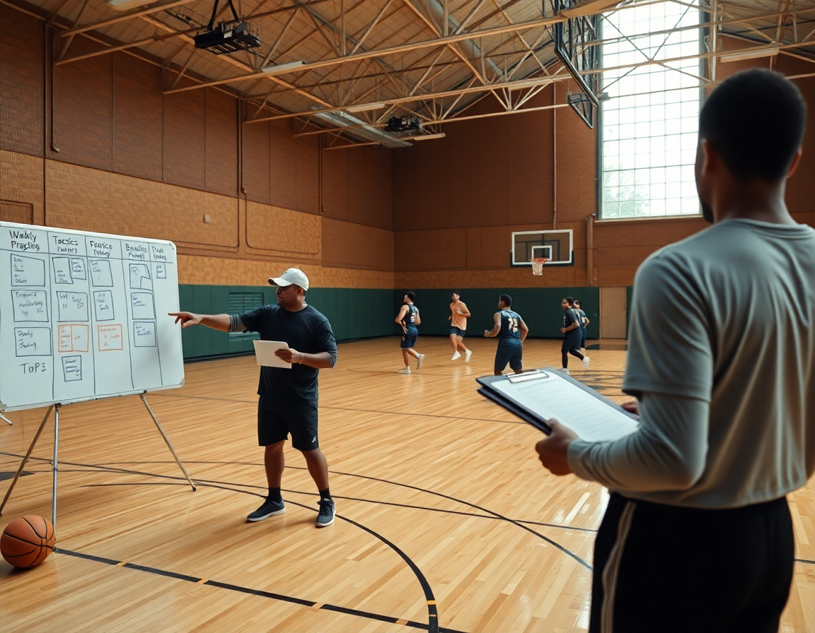 Wide, high school basketball practice week plan on the whiteboard, players drill on the hardwood.
