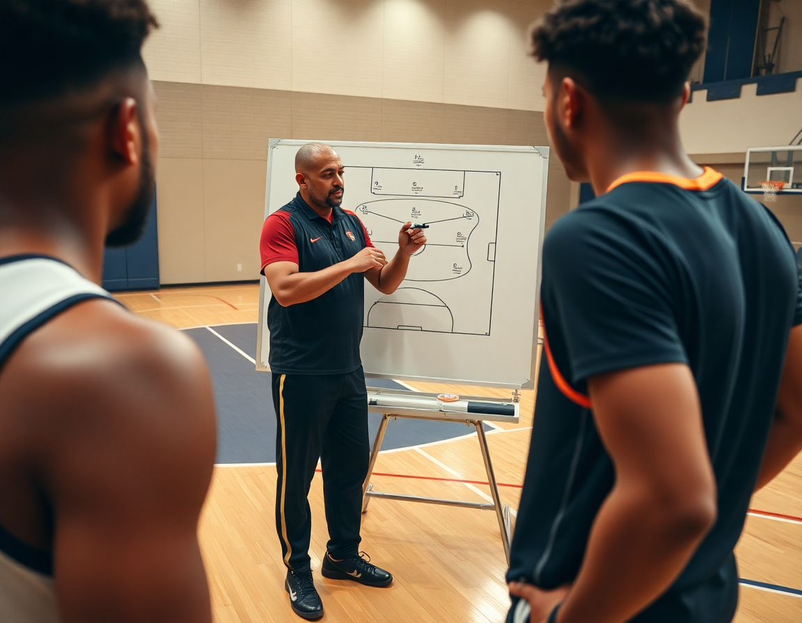 Close-up shows coach mapping a basketball drill progression on a whiteboard as players study the basketball sequence.