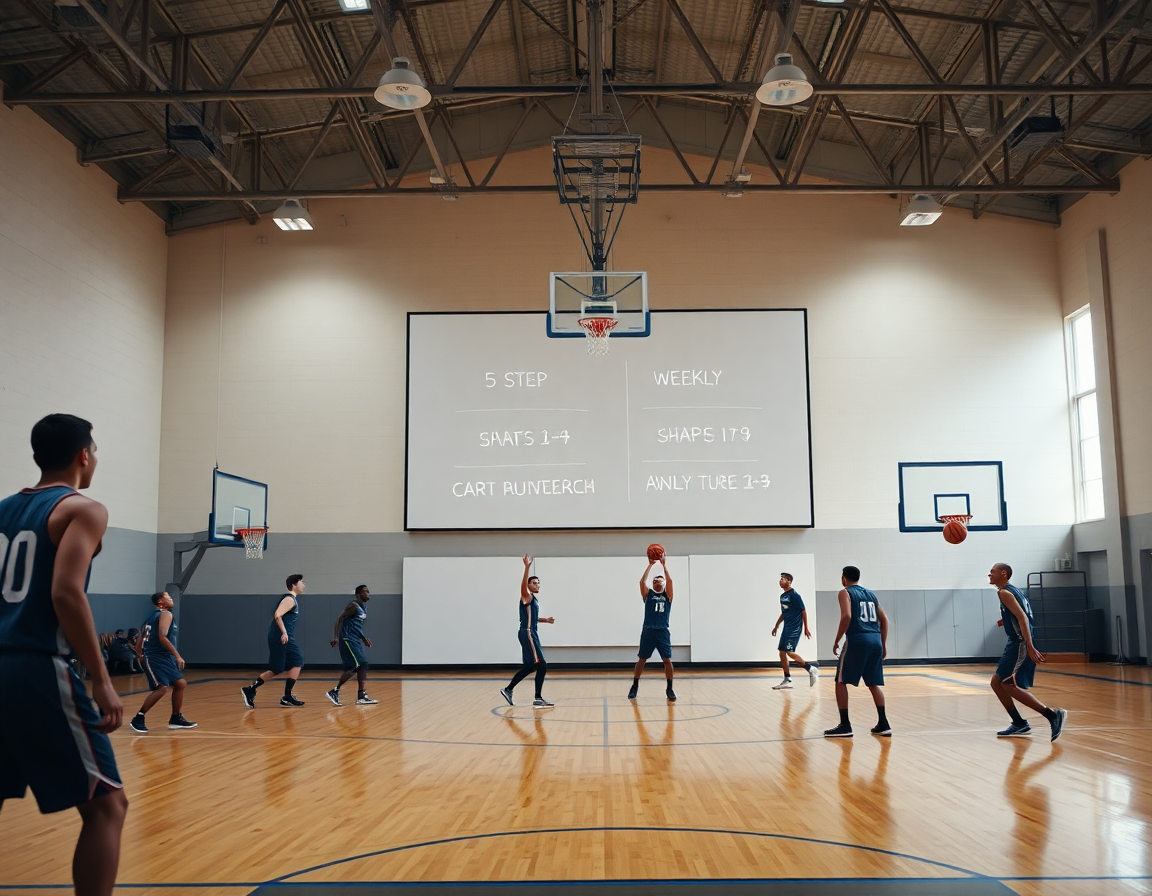Wide shot shows coach outlining the six-step weekly basketball routine for players on the basketball court.