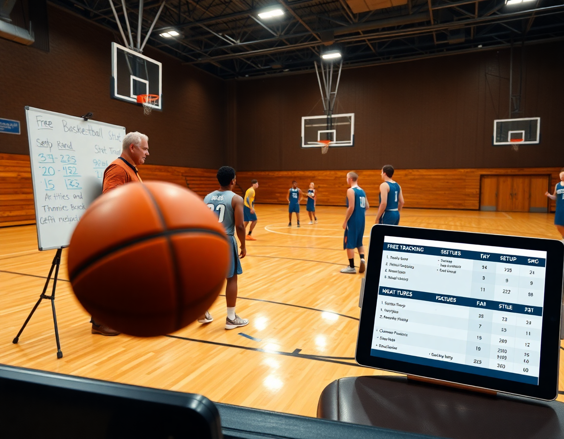 Coach and players drill on hardwood with free basketball stat tracker visible on a tablet.