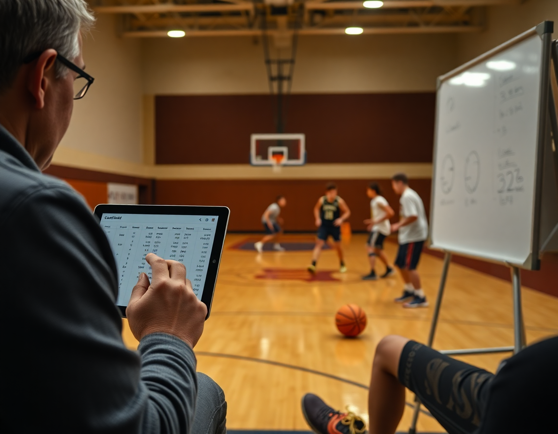 Coach reviews free basketball stat tracker data to plan basketball practice on hardwood.