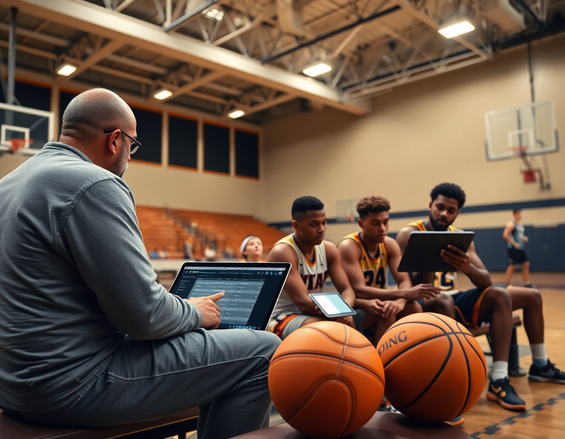 Coach exports free basketball stat tracker data to archive on a laptop.