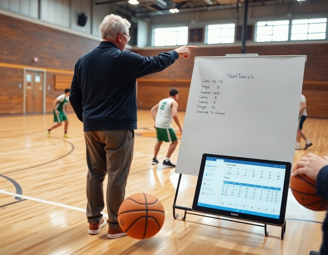 Close-up of coach and players with free basketball stats software visible on a tablet during basketball practice.