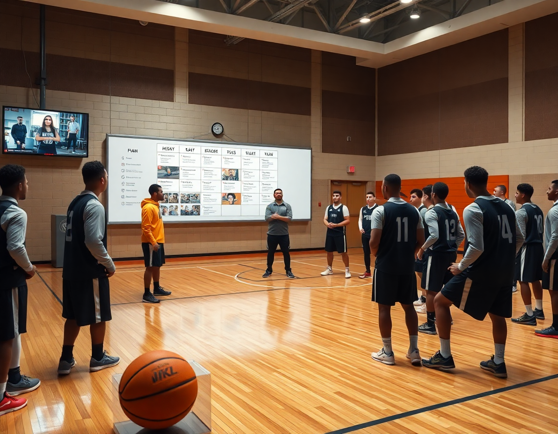 Coach maps a six-day basketball plan on a whiteboard as basketball players watch video clips.