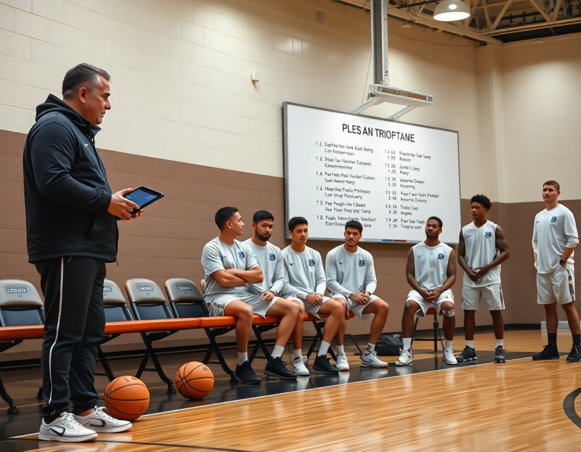A coach displays a digital playbook on a tablet, showcasing the hybrid flex offense pdf in basketball.