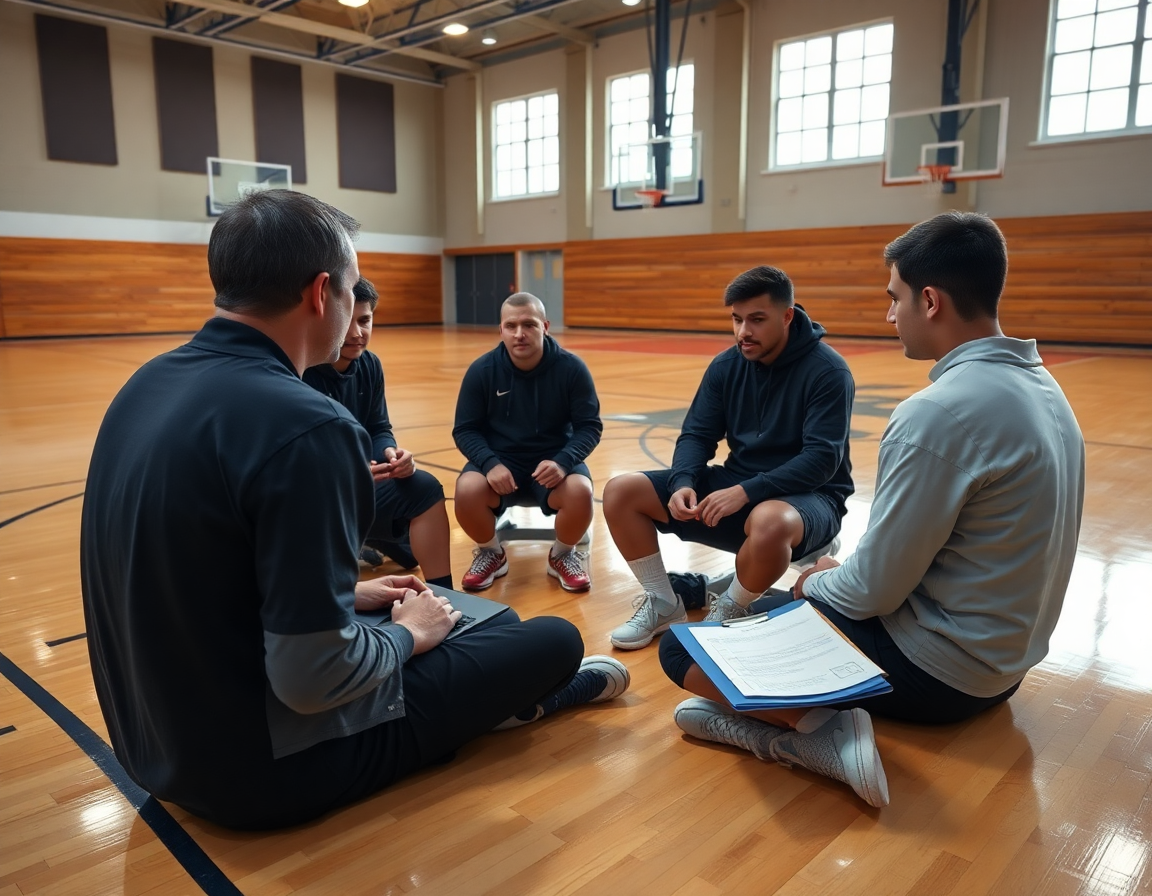 Video clips on a laptop guide players through hybrid flex offense pdf concepts in basketball.