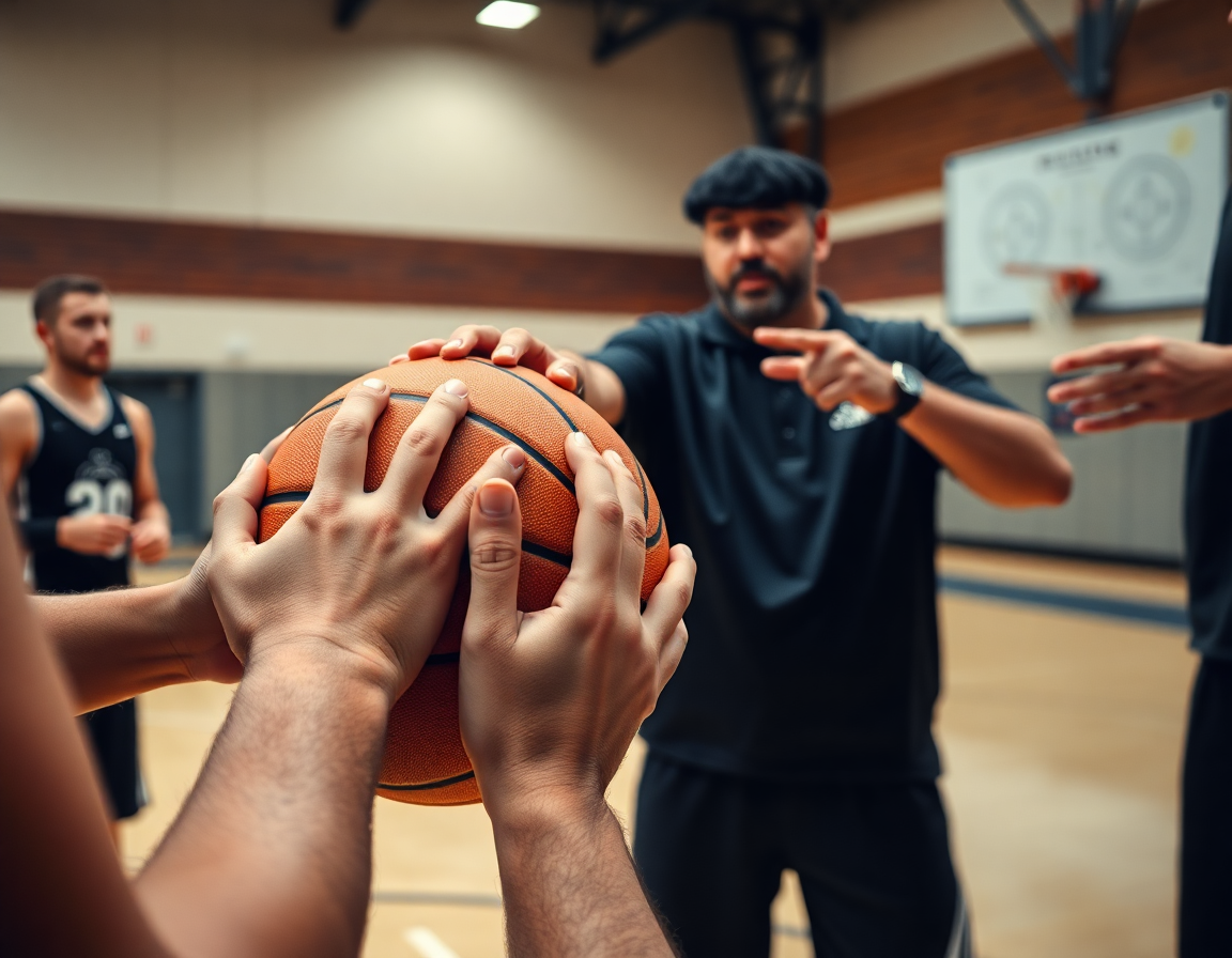 Close-up of hands on a basketball during an inbound drill in a basketball gym.