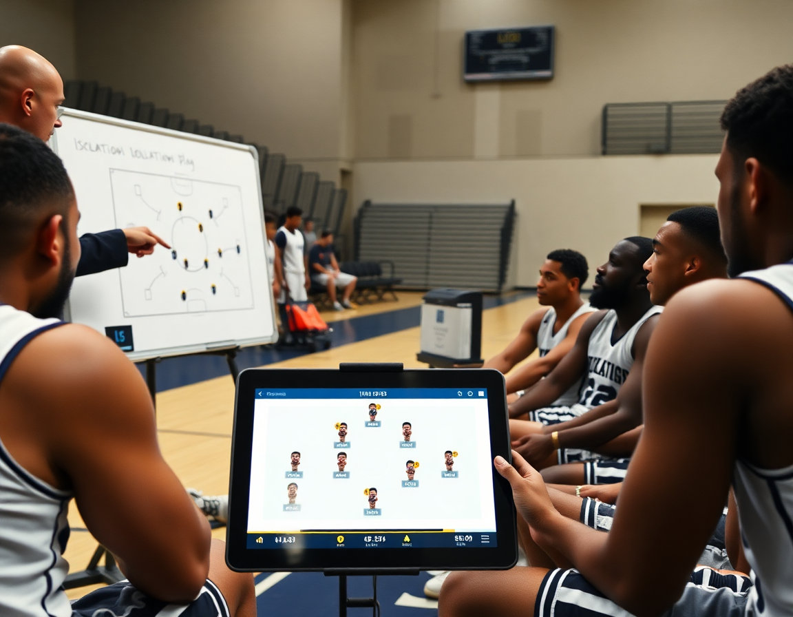 Coach explains isolation basketball plays on whiteboard for basketball while players listen.