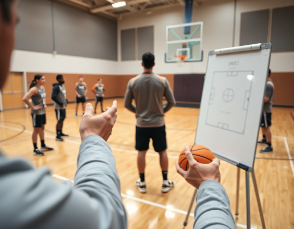 Close-up of coach guiding man to man defence in basketball with a whiteboard and players.