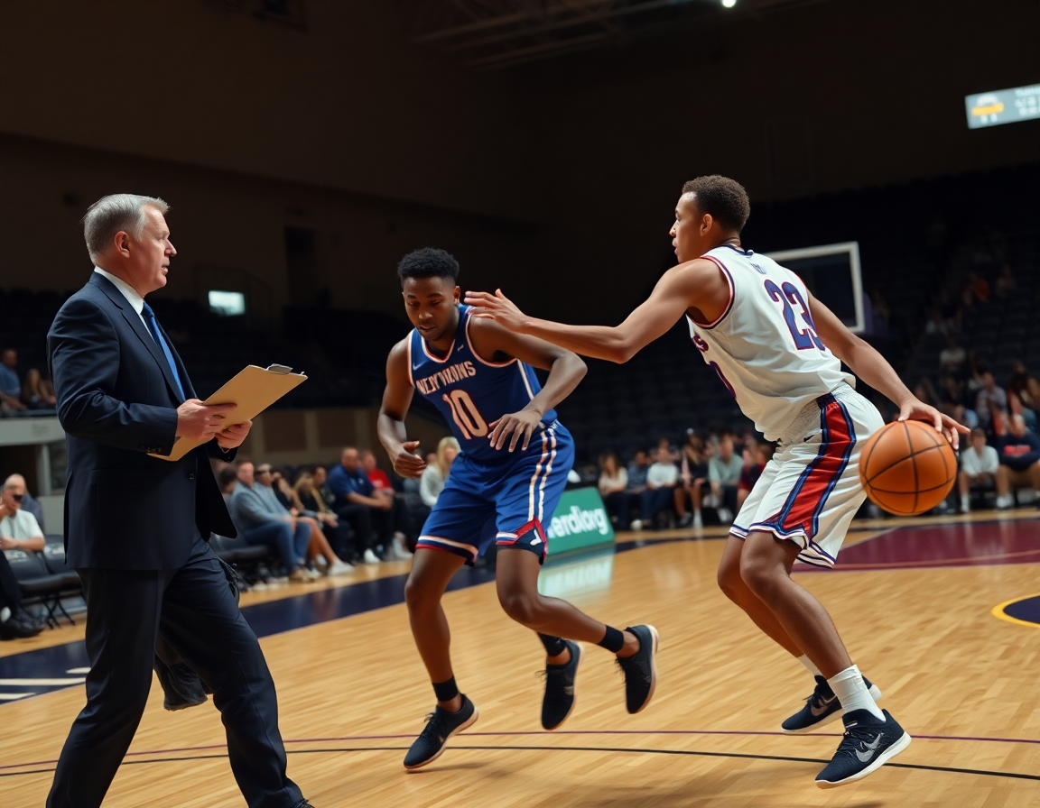 Close-up on players executing man to man defence in basketball during a screen action, coached by a clipboard.